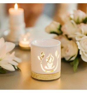  brûle-parfum artisanal posé sur une étagère avec des livres et des objets déco