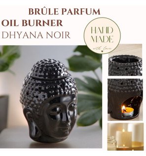  détail du brûle-parfum noir mettant en valeur la finesse de la céramique et la silhouette du bouddha