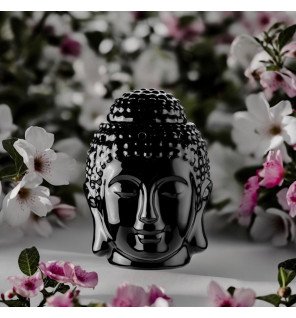  brûle-parfum noir en céramique sur une étagère avec des plantes vertes