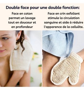  détail du gant en crin accroché à un crochet près d’une baignoire moderne