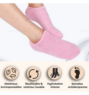  chaussettes spa portées sur des pieds féminins détendus dans une ambiance cocooning