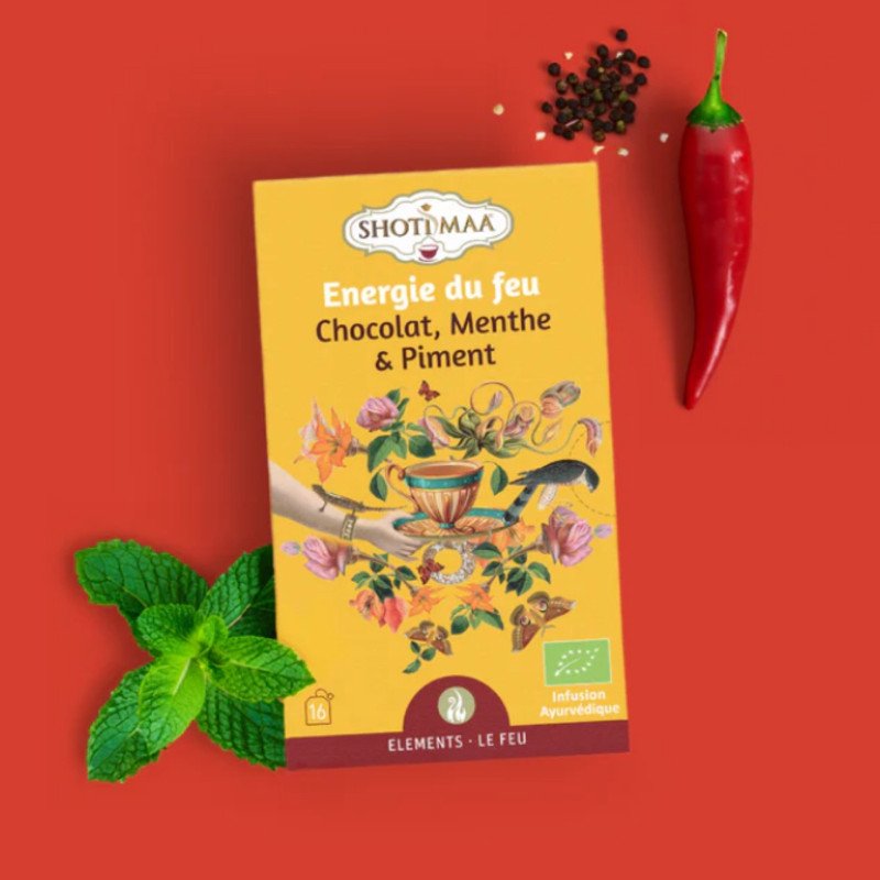 Tisane Bio Énergie du Feu - Chocolat, Menthe et Piment Tisane Bio Énergie du Feu - Chocolat, Menthe et Piment