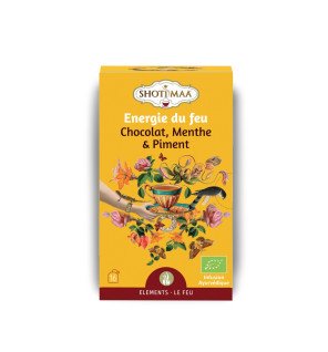  détail du packaging écologique et coloré de la tisane énergie du feu