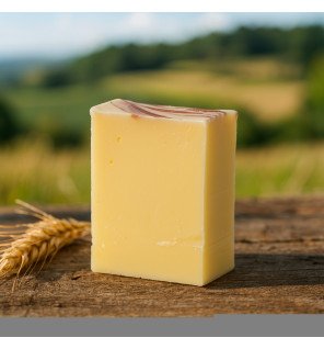  savon solide posé à côté d’une bougie et d’un gant exfoliant