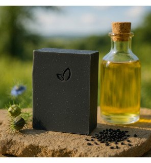  savon artisanal à l’huile de nigelle bio sur un porte-savon en bois dans une salle de bain lumineuse