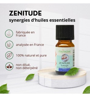 flacon de synergie d'huiles essentielles zenitude 10 ml de la marque zen'arôme posé sur une table en bois
