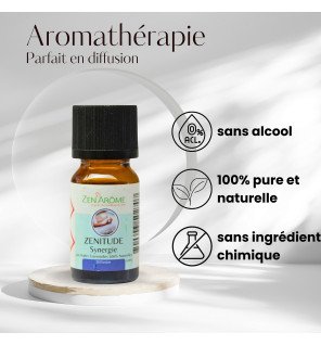  bouteille d'huile essentielle zenitude 10 ml avec étiquette colorée et bouchon noir