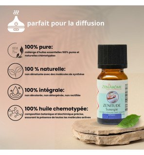 gros plan sur le flacon zenitude révélant la texture limpide de l'huile essentielle