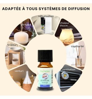  bouteille d'huile essentielle zenitude 10 ml avec fond lumineux évoquant le bien-être