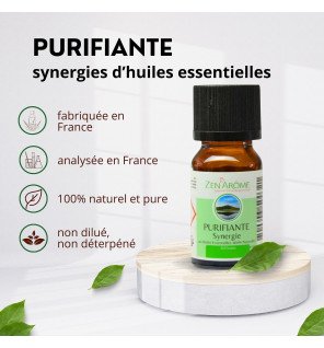 flacon de purifiante synergie d'huiles essentielles 10 ml zen'arôme posé sur une table en bois clair