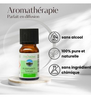  gros plan sur le flacon d'huile essentielle purifiante 10 ml avec lumière naturelle