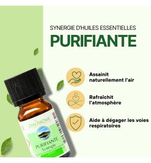 bouteille d'huile essentielle purifiante 10 ml à côté de fleurs séchées pour une touche naturelle