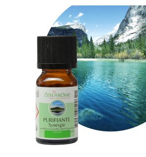  synergie d'huiles essentielles purifiante 10 ml en gros plan avec gouttes visibles sur le compte-gouttes