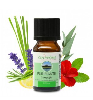  flacon d'huile essentielle purifiante 10 ml présenté avec des feuilles vertes pour évoquer la fraîcheur