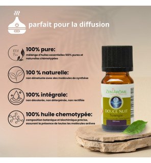  synergie d'huiles essentielles douce nuit entourée de fleurs séchées pour une ambiance relaxante
