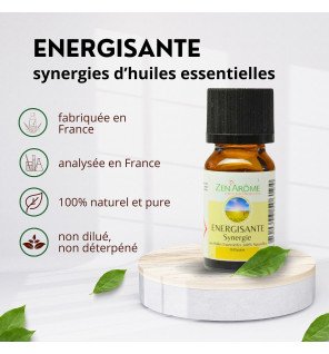 flacon de 10 ml de synergie d'huiles essentielles energisante zen'arôme posé sur une table en bois clair