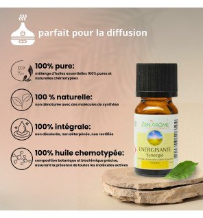  synergie d'huiles essentielles energisante 10 ml entourée de tranches de citron et d'orange fraîchement coupées