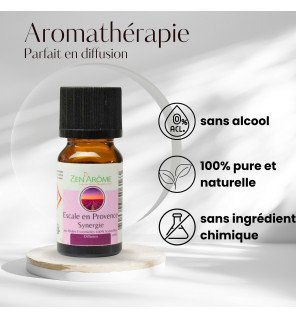  gros plan sur la synergie escale en provence 10 ml avec lumière naturelle mettant en valeur la couleur de l'huile