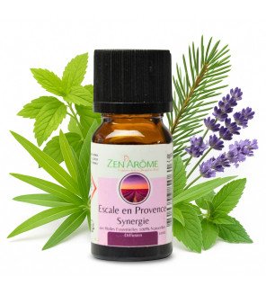  synergie d'huiles essentielles posée sur une étagère avec d'autres produits de bien-être naturels