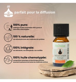  gros plan sur le bouchon du flacon d'huile essentielle méditation pour diffusion