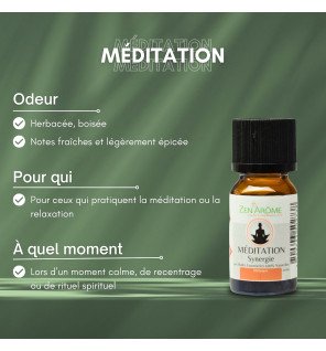  flacon d'huile essentielle méditation 10 ml capturé dans une lumière tamisée propice à la relaxation