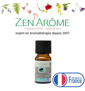  synergie relaxante 10 ml placée près d'un coussin pour illustrer un moment de détente à la maison