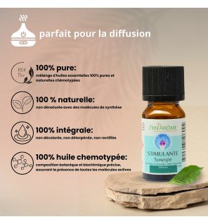  synergie d'huiles essentielles stimulante 10 ml à côté de fleurs séchées pour une ambiance naturelle