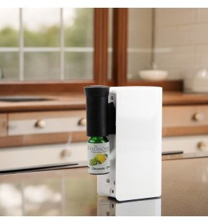  diffuseur nomade en cours de recharge via un câble usb sur une table en bois clair