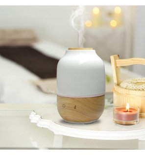  diffuseur d’huiles essentielles avec accessoires et flacons d’huiles posés à côté sur une étagère