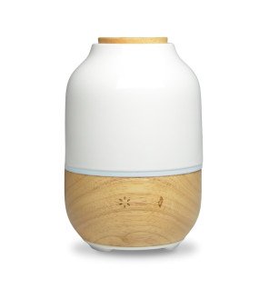  diffuseur en céramique blanche et bois clair entouré de livres et d’objets de décoration pour une atmosphère cosy