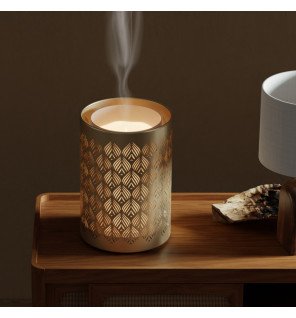  diffuseur ultrasonique vienne en métal et verre diffusant une brume légère dans une pièce lumineuse