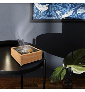  diffuseur kaori placé sur une étagère avec des livres et des objets de décoration