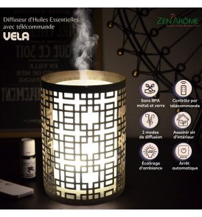  ambiance relaxante avec diffuseur vela allumé et lumière tamisée en arrière-plan