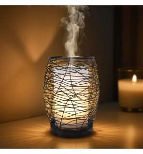  diffuseur d'huiles essentielles en bois clair avec accessoires et télécommande présentés à côté