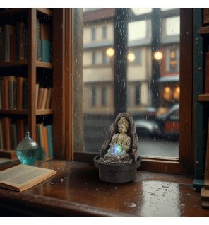  détail du visage du bouddha en résine avec lumière led douce