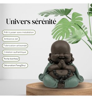  décoration intérieure avec une statue de bouddha rieur bébé entourée de plantes vertes