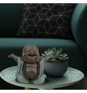  sculpture décorative de bouddha rieur en résine grise apportant une touche zen à la pièce