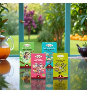  détail du packaging écologique et coloré des tisanes instant présent