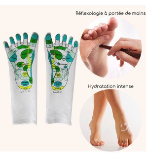 zoom sur le gel enrichi en huiles naturelles à l’intérieur des chaussettes pour un massage apaisant à domicile