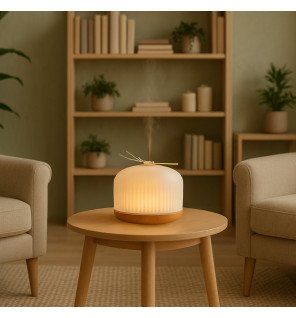 diffuseur origin en verre et bois fsc sur une étagère décorative avec plantes vertes