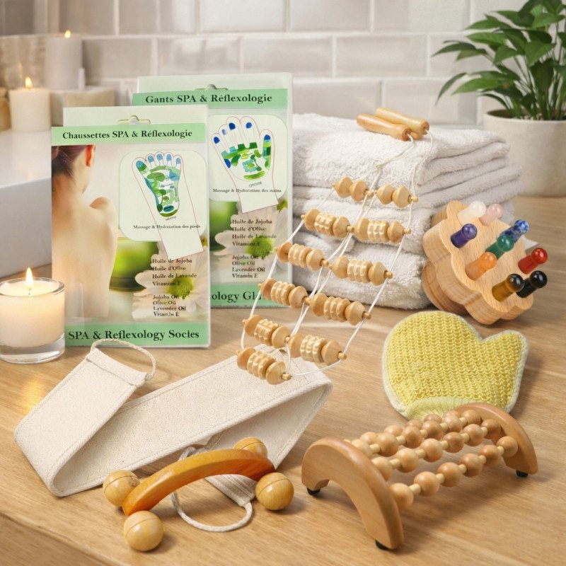 Coffret Massage & Réflexologie Naturel - 8 Accessoires