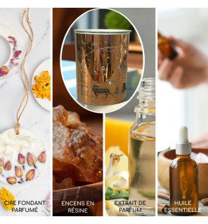  brûle-parfum cuivré placé près d'une fenêtre avec des décorations de noël en arrière-plan