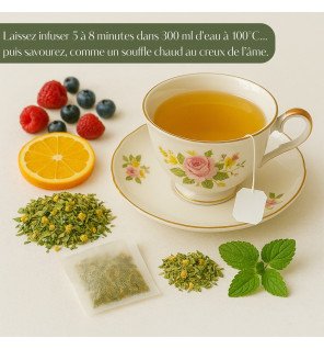  ambiance détente avec tasse d’infusion bio focus et tranches d’orange sur une nappe claire