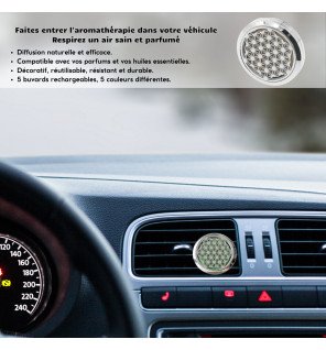  diffuseur voiture fleur de vie avec coussinet coloré visible à l’intérieur