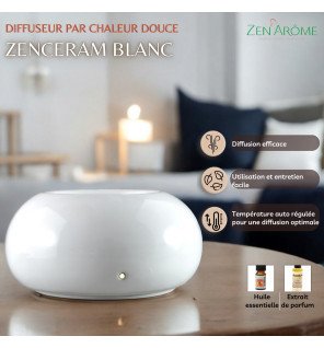  diffuseur en céramique blanche entouré de flacons d’huiles essentielles sur une étagère