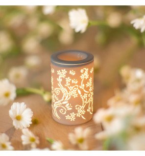  gros plan sur la coupelle du diffuseur remplie de cire parfumée fondue