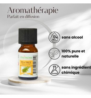  bouteille d’huile essentielle arbre à thé avec bouchon noir vue de face