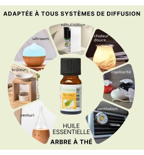  huile essentielle arbre à thé 10 ml avec des gouttes visibles sur le compte-gouttes