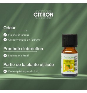  huile essentielle citron 10 ml avec notice d’utilisation visible en arrière-plan
