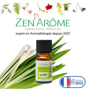  zoom sur la texture limpide de l'huile essentielle de citronnelle dans un flacon transparent